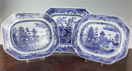 A pair of Chinese export dishes and another larger, Qianlong period, 38cm